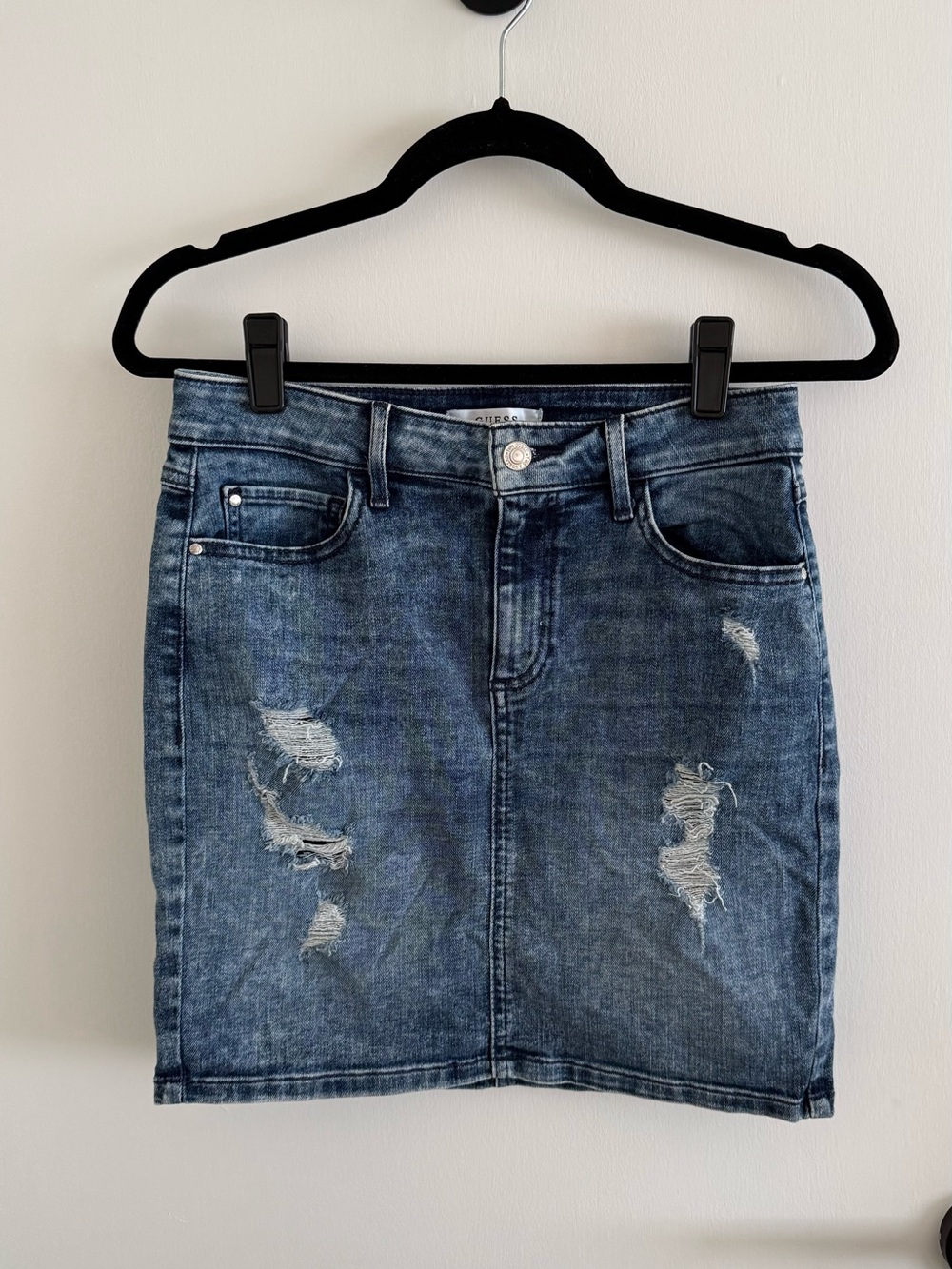 GUESS Pascale Wash Destroyed Denim High Waisted Bodycon Mini Skirt Small